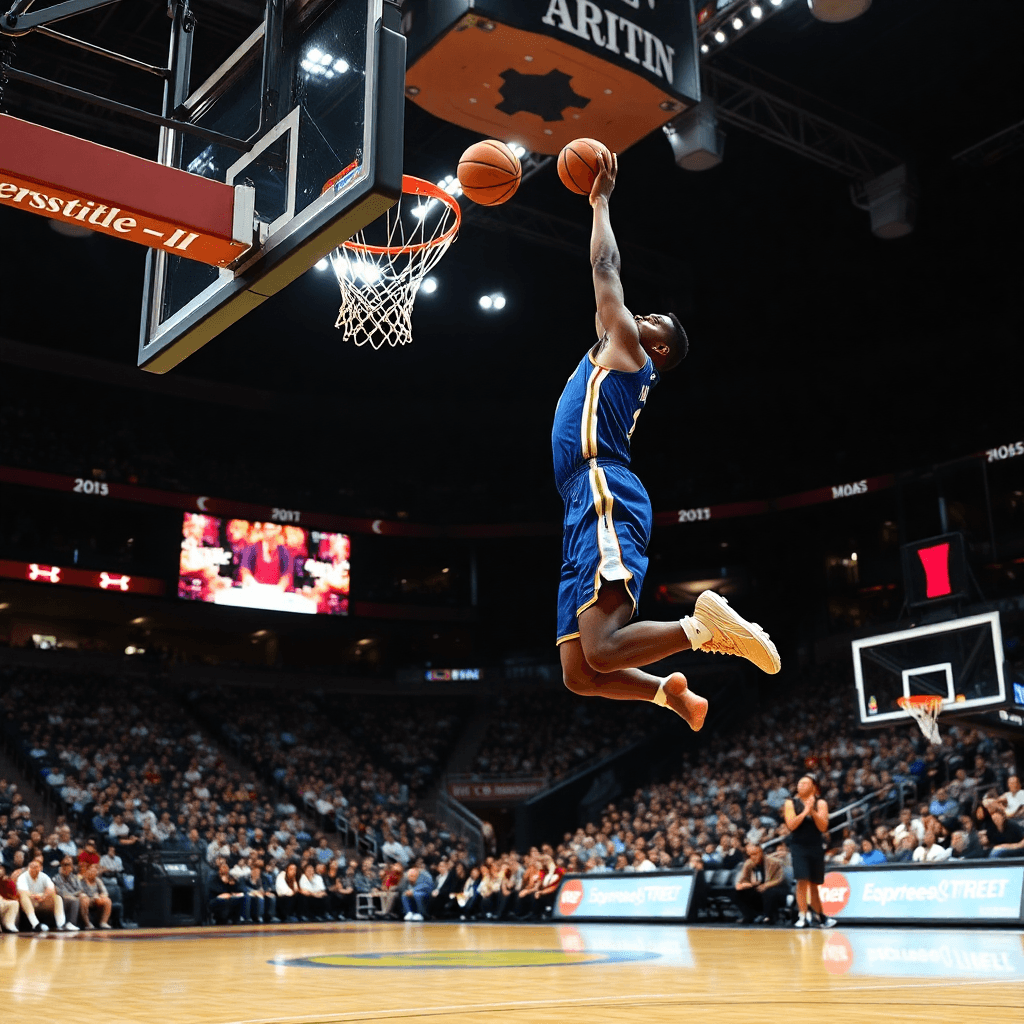 Basketball player dunking during professional game